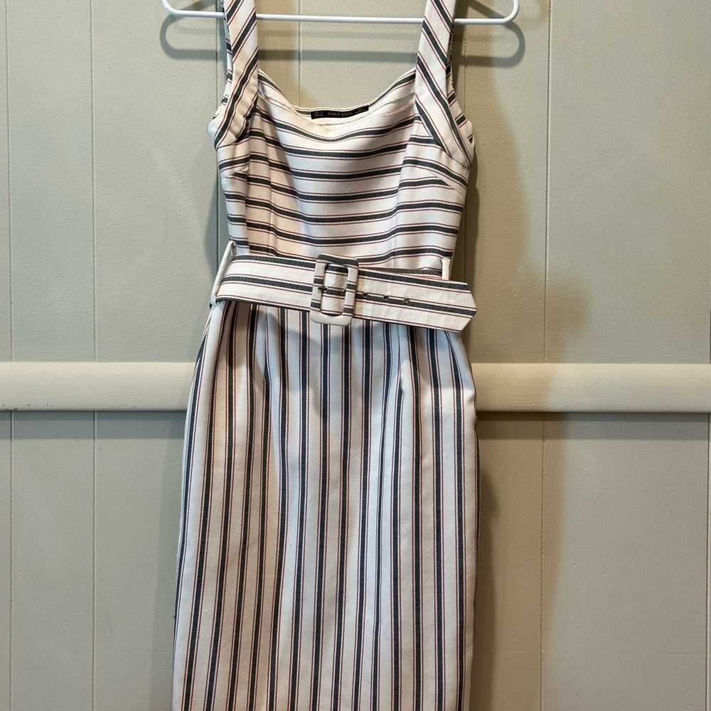 Zara White and Blue Pleated Midi Dress Square Neck Sleeveless